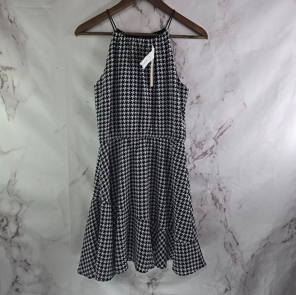 Aqua Dress Womens Small Black White Houndstooth Tank Mini Short Flounce Peplum - Picture 1 of 12